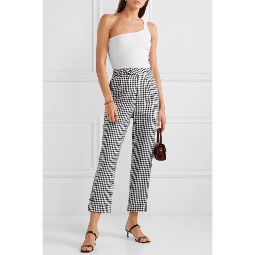 Reformation Linen Trousers Tanner High Rise Ankle Cuff Pant Gingham Plaid Size 2